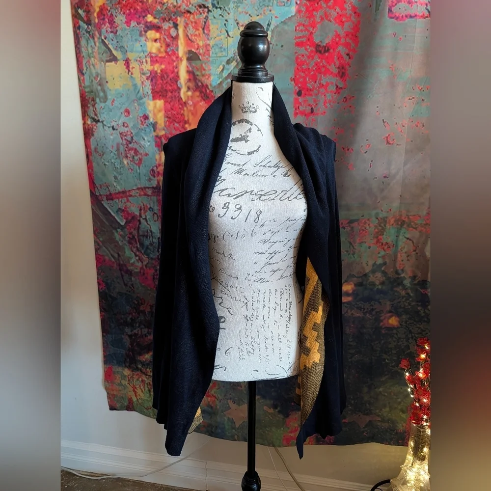 Issey Miyake Pleats Please Navy & Orange Geometric Print Shawl/Wrap/Scarf